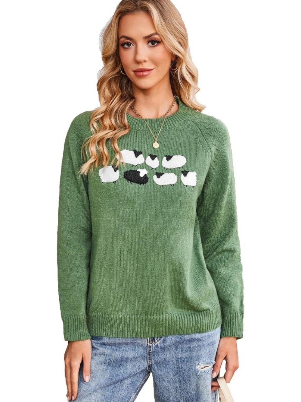 Cozy Green Knitted Crew Neck Sweater for Women & Teens | Vintage Pullover